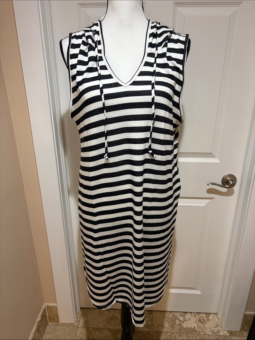 Sleeveless Black & White Striped Hooded Dress